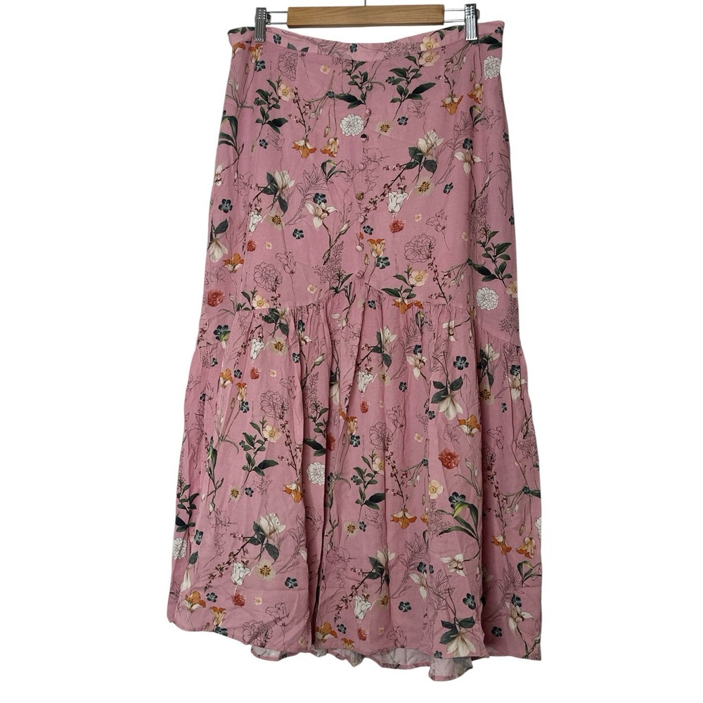 Gianni Bini Maxi Skirt Women's Size 12 Mermaid Ruffle Floral Lined Pink Garden